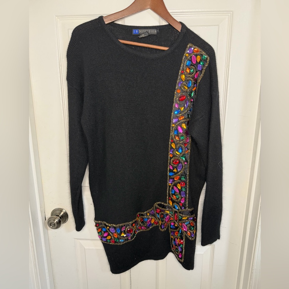 90s Women’s Holiday Sweater Bejeweled Bow Ribbon Design Wool Silk Angora Small
